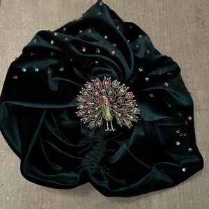 Green velvet turban - removable peacock pin